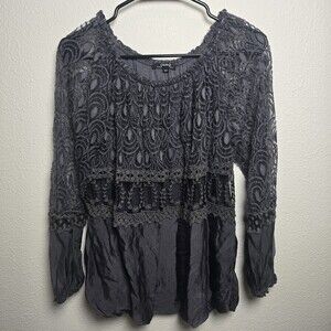 Charlie B Blouse Womens Large Gray Lace Boho Silk Blend Peasant Top Made Italy